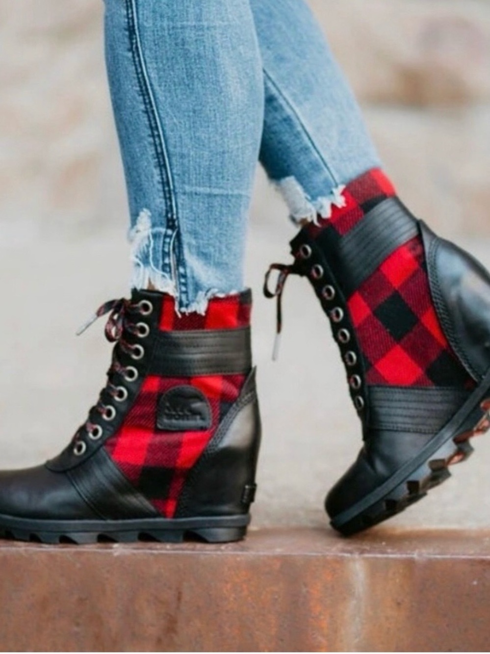 SOREL Red and Black Plaid Lace-Up Ankle Boots